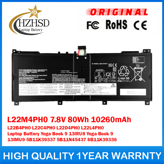 L22M4PH0 7.8V 80Wh 10260mAh L22B4PH0 L22C4PH0 L22D4PH0 L22L4PH0 Genuine Original Laptop Battery For Lenovo Yoga Book 9 13IRU8 Yoga Book 9 13IMU9 5B11K39337 5B11N45437 SB11K39336
