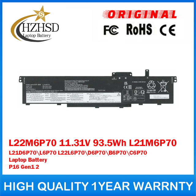 L22M6P70 11.31V 93.5Wh 8270mAh L21M6P70 L22L6P70 L21L6P70 L22D6P70 L21D6P70 L22B6P70 L22C6P70 Genuine Original Laptop Battery For Lenovo P16 Gen 1 / P16 Gen 2 Series