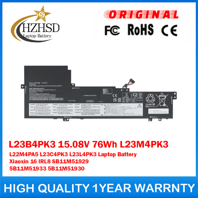 L23B4PK3 15.08V 76Wh 5040mAh L23M4PK3 L22M4PA5 L23C4PK3 L23L4PK3 Genuine Original Laptop Battery For Lenovo Xiaoxin 16 IRL8 Laptop SB11M51929 5B11M51933 5B11M51930