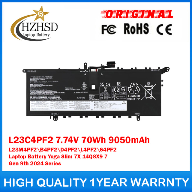 L23C4PF2 7.74V 70Wh 9050mAh L23M4PF2 L23B4PF2 L23D4PF2 L23L4PF2 L23S4PF2 Genuine Original Laptop Battery For Lenovo Yoga Slim 7X 14Q8X9 7 Gen 9th 2024 Series