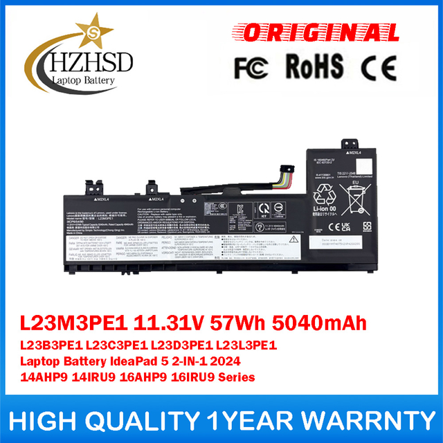 L23M3PE1 11.31V 57Wh 5040mAh L23B3PE1 L23C3PE1 L23D3PE1 L23L3PE1 Genuine Original Laptop Battery For Lenovo IdeaPad 5 2-IN-1 2024 14AHP9 14IRU9 16AHP9 16IRU9 Series
