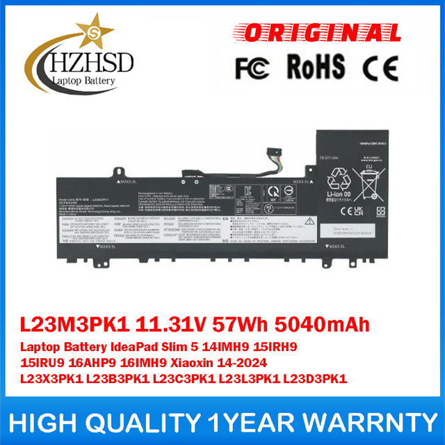 L23M3PK1 11.31V 57Wh 5040mAh Genuine Original Laptop Battery For Lenovo IdeaPad Slim 5 14IMH9 15IRH9 15IRU9 16AHP9 16IMH9 Xiaoxin 14-2024 L23X3PK1 L23B3PK1 L23C3PK1 L23L3PK1 L23D3PK1
