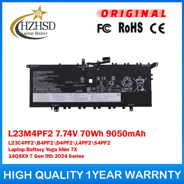 L23M4PF2 7.74V 70Wh 9050mAh L23C4PF2 L23B4PF2 L23D4PF2 L23L4PF2 L23S4PF2 Genuine Original Laptop Battery For Lenovo Yoga Slim 7X 14Q8X9 7 Gen 9th 2024 Series