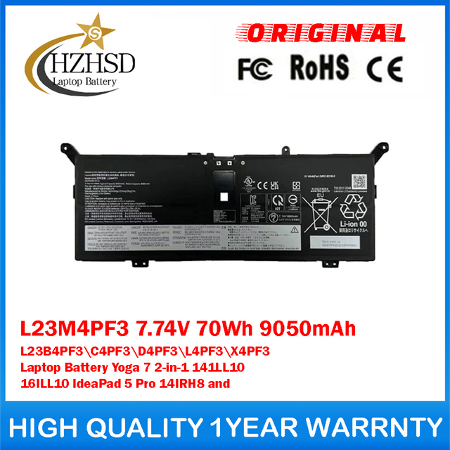 L23M4PF3 7.74V 70Wh 9050mAh L23B4PF3 L23C4PF3 L23D4PF3 L23L4PF3 L23X4PF3 Genuine Original Laptop Battery For Lenovo Yoga 7 2-in-1 141LL10 16ILL10 IdeaPad 5 Pro 14IRH8 and L23D