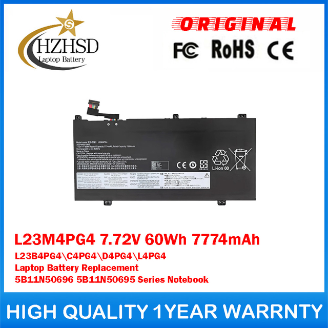 L23M4PG4 7.72V 60Wh 7774mAh L23B4PG4 L23C4PG4 L23D4PG4 L23L4PG4 Genuine Original Laptop Battery Replacement For Lenovo 5B11N50696 5B11N50695 Series Notebook
