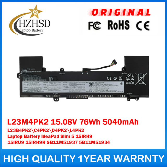 L23M4PK2 15.08V 76Wh 5040mAh L23B4PK2 L23C4PK2 L23D4PK2 L23L4PK2 Genuine Original Laptop Battery For Lenovo IdeaPad Slim 5 15IRH9 15IRU9 15IRH9R SB11M51937 5B11M51934