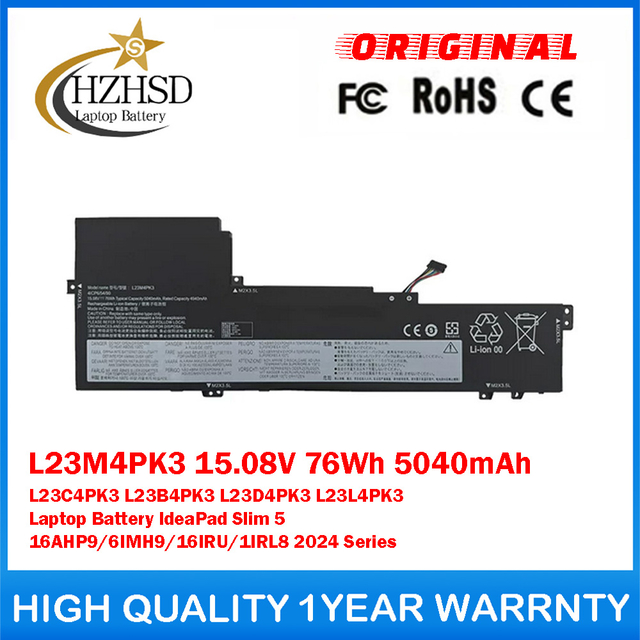 L23M4PK3 15.08V 76Wh 5040mAh L23C4PK3 L23B4PK3 L23D4PK3 L23L4PK3 Genuine Original Laptop Battery For Lenovo IdeaPad Slim 5 16AHP9/6IMH9/16IRU/1IRL8 2024 Series