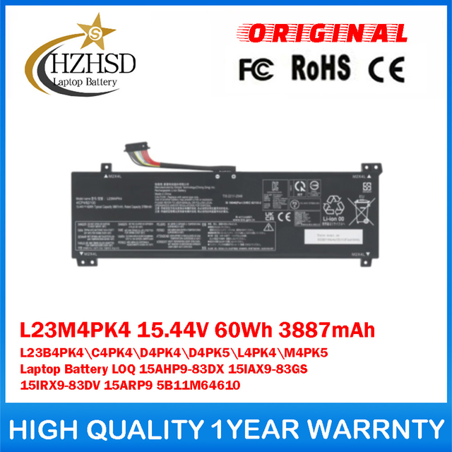 L23M4PK4 15.44V 60Wh 3887mAh L23B4PK4 L23C4PK4 L23D4PK4 L23D4PK5 L23L4PK4 L23M4PK5 Genuine Original Laptop Battery For Lenovo LOQ 15AHP9-83DX 15IAX9-83GS 15IRX9-83DV 15ARP9 5B11M64610