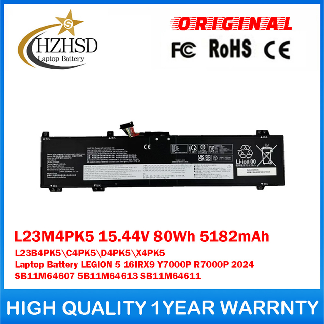 L23M4PK5 15.44V 80Wh 5182mAh L23B4PK5 L23C4PK5 L23D4PK5 L23X4PK5 Genuine Original Laptop Battery For Lenovo LEGION 5 16IRX9 Y7000P R7000P 2024 SB11M64607 5B11M64613 SB11M64611