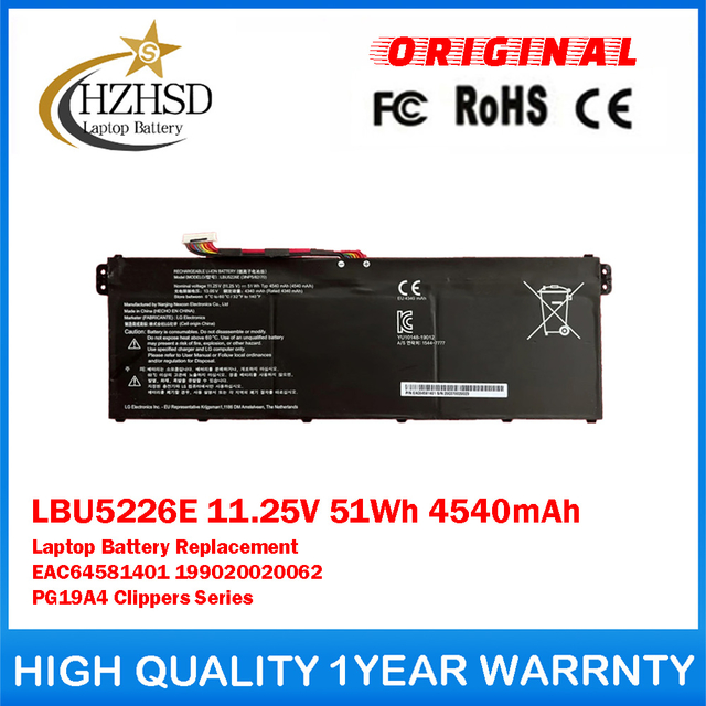 LBU5226E 11.25V 51Wh 4540mAh Genuine Original Laptop Battery Replacement For LG EAC64581401 199020020062 PG19A4 Clippers Series