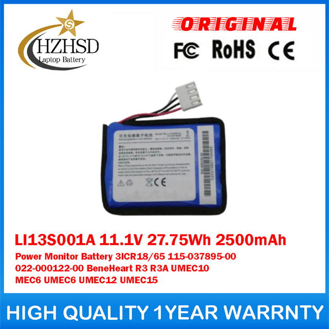 LI13S001A 11.1V 27.75Wh 2500mAh Power Monitor Battery For Mindray 3ICR18/65 115-037895-00 022-000122-00 BeneHeart R3 R3A UMEC10 MEC6 UMEC6 UMEC12 UMEC15