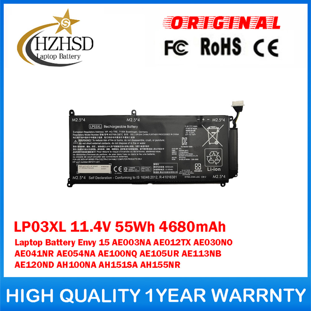 LP03XL 11.4V 55Wh 4680mAh Genuine Original Laptop Battery For HP Envy 15 AE003NA AE012TX AE030NO AE041NR AE054NA AE100NQ AE105UR AE113NB AE120ND AH100NA AH151SA AH155NR