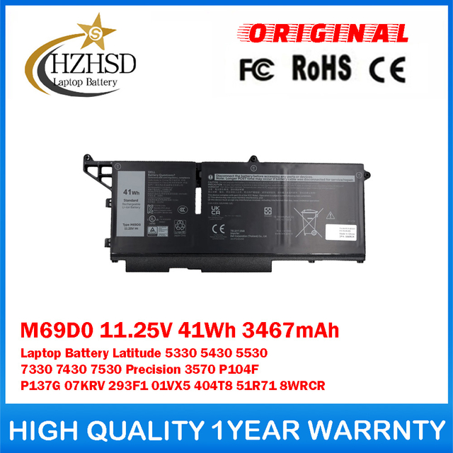 M69D0 11.25V 41Wh 3467mAh Genuine Original Laptop Battery For Dell Latitude 5330 5430 5530 7330 7430 7530 Precision 3570 P104F P137G 07KRV 293F1 01VX5 404T8 51R71 8WRCR