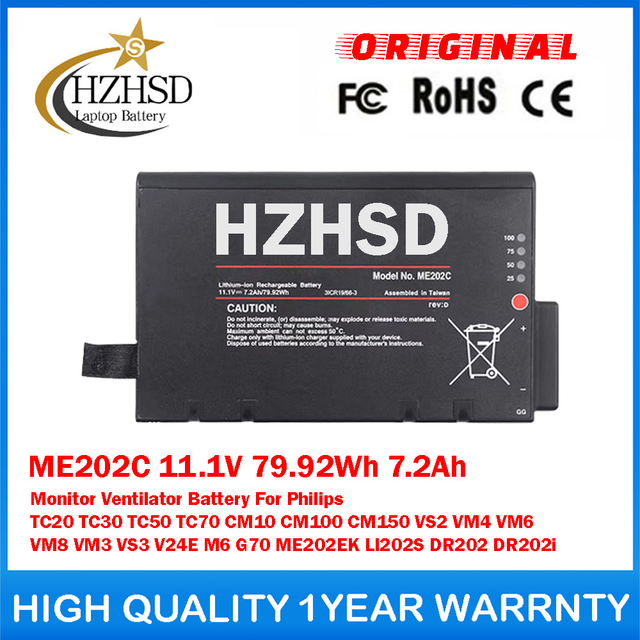 ME202C 11.1V 79.92Wh 7.2Ah Monitor Ventilator Battery For Philips TC20 TC30 TC50 TC70 CM10 CM100 CM150 VS2 VM4 VM6 VM8 VM3 VS3 V24E M6 G70 ME202EK LI202S DR202 DR202i