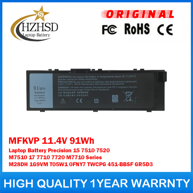 MFKVP 11.4V 91Wh Genuine Original Laptop Battery For Dell Precision 15 7510 7520 M7510 17 7710 7720 M7710 Series M28DH 1G9VM T05W1 0FNY7 TWCPG 451-BBSF GR5D3