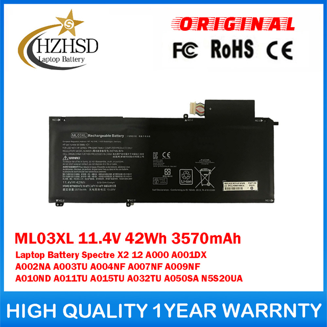 ML03XL 11.4V 42Wh 3570mAh Genuine Original Laptop Battery For HP Spectre X2 12 A000 A001DX A002NA A003TU A004NF A007NF A009NF A010ND A011TU A015TU A032TU A050SA N5S20UA