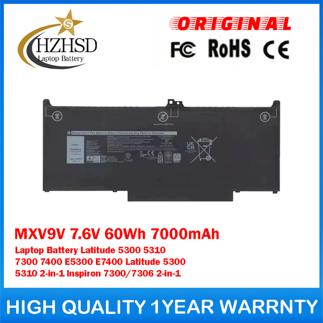 MXV9V 7.6V 60Wh 7000mAh Genuine Original Laptop Battery For Dell Latitude 5300 5310 7300 7400 E5300 E7400 Latitude 5300 5310 2-in-1 Inspiron 7300/7306 2-in-1