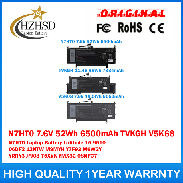 N7HT0 7.6V 52Wh 6500mAh TVKGH V5K68 N7HTO Genuine Original Laptop Battery For Dell Latitude 15 9510 06DF2 12NTW M9MYH Y7F92 M6W2Y YRRY3 JFJ03 75XVK YMX3G 08NFC7