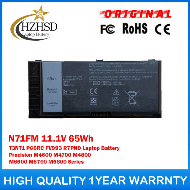 N71FM 11.1V 65Wh T3NT1 PG6RC FV993 R7PND Genuine Original Laptop Battery For DELL Precision M4600 M4700 M4800 M6600 M6700 M6800 Series