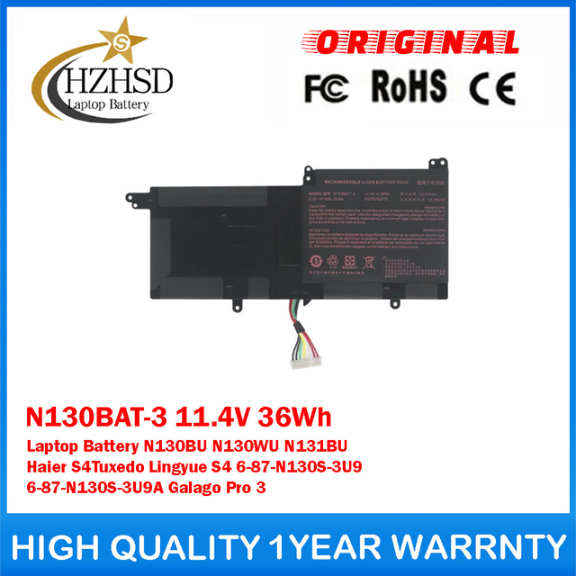 N130BAT-3 11.4V 36Wh Genuine Original Laptop Battery For CLEVO N130BU N130WU N131BU Haier S4Tuxedo Lingyue S4 6-87-N130S-3U9 6-87-N130S-3U9A Galago Pro 3