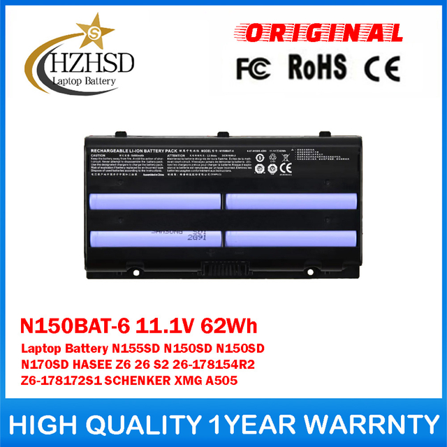 N150BAT-6 11.1V 62Wh Genuine Original Laptop Battery For Clevo N155SD N150SD N150SD N170SD HASEE Z6 26 S2 26-178154R2 Z6-178172S1 SCHENKER XMG A505