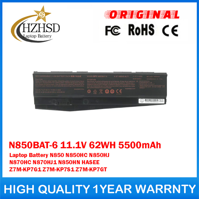 N850BAT-6 11.1V 62WH 5500mAh Genuine Original Laptop Battery For Clevo N850 N850HC N850HJ N870HC N870HJ1 N850HN HASEE Z7M-KP7G1 Z7M-KP7S1 Z7M-KP7GT