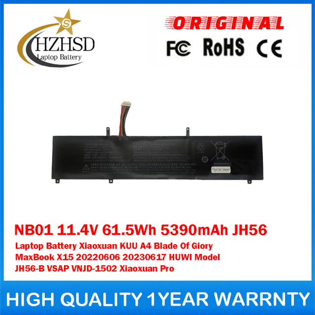 NB01 11.4V 61.5Wh 5390mAh JH56 Genuine Original Laptop Battery For Aierxuan Xiaoxuan KUU A4 Blade Of Giory MaxBook X15 20220606 20230617 HUWI Model JH56-B VSAP VNJD-1502 Xiaoxuan Pro