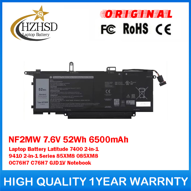 NF2MW 7.6V 52Wh 6500mAh Genuine Original Laptop Battery For Dell Latitude 7400 2-in-1 9410 2-in-1 Series 85XM8 085XM8 0C76H7 C76H7 GJD1V Notebook