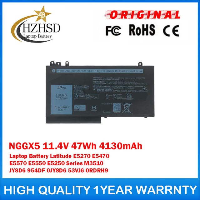 NGGX5 11.4V 47Wh 4130mAh Genuine Original Laptop Battery For DELL Latitude E5270 E5470 E5570 E5550 E5250 Series M3510 JY8D6 954DF 0JY8D6 53VJ6 0RDRH9