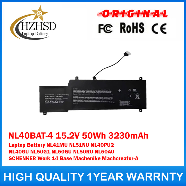 NL40BAT-4 15.2V 50Wh 3230mAh Genuine Original Laptop Battery For CLEVO NL41MU NL51NU NL40PU2 NL40GU NL50G1 NL50GU NL50RU NL50AU SCHENKER Work 14 Base Machenike Machcreator-A