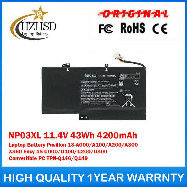 NP03XL 11.4V 43Wh 4200mAh Genuine Original Laptop Battery For HP Pavilion 13-A000/A100/A200/A300 X360 Envy 15-U000/U100/U200/U300 Convertible PC TPN-Q146/Q149