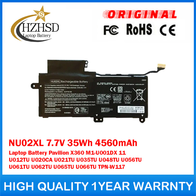 NU02XL 7.7V 35Wh 4560mAh Genuine Original Laptop Battery For HP Pavilion X360 M1-U001DX 11 U012TU U020CA U021TU U035TU U048TU U056TU U061TU U062TU U065TU U066TU TPN-W117