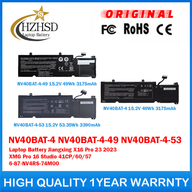 NV40BAT-4 NV40BAT-4-49 15.2V 49Wh NV40BAT-4-53 15.2V 53.35Wh Genuine Original Laptop Battery For Colorful Jiangxing X16 Pro 23 2023 XMG Pro 16 Studio 41CP/60/57 6-87-NV4RS-74M00