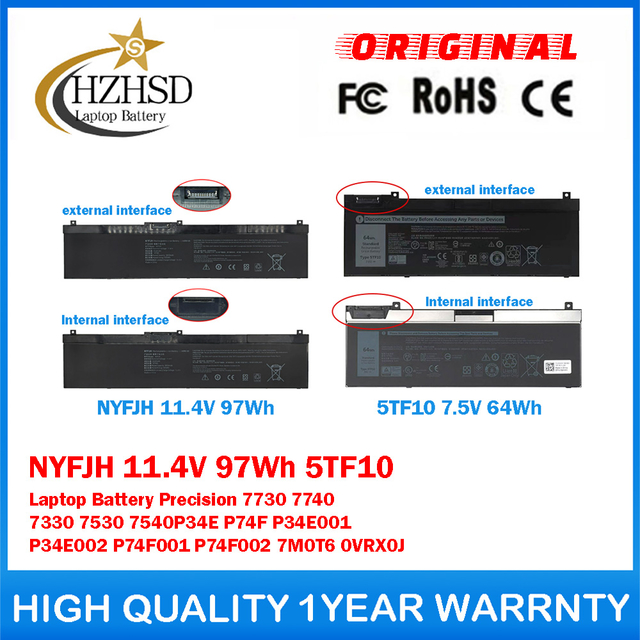 NYFJH 11.4V 97Wh 5TF10 7.5V 64Wh Genuine Original Laptop Battery For Dell Precision 7730 7740 7330 7530 7540P34E P74F P34E001 P34E002 P74F001 P74F002 7M0T6 0VRX0J