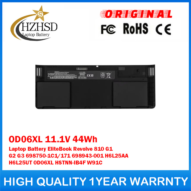 OD06XL 11.1V 44Wh 0D06XL Genuine Original Laptop Battery For HP EliteBook Revolve 810 G1 G2 G3 698750-1C1/171 698943-001 H6L25AA H6L25UT HSTNN-IB4F W91C