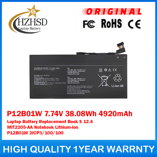P12B01W 7.74V 38.08Wh 4920mAh Genuine Original Laptop Battery Replacement For Xiaomi Book S 12.4 MIT2205-AA Notebook Lithium-ion 2ICP3/100/100