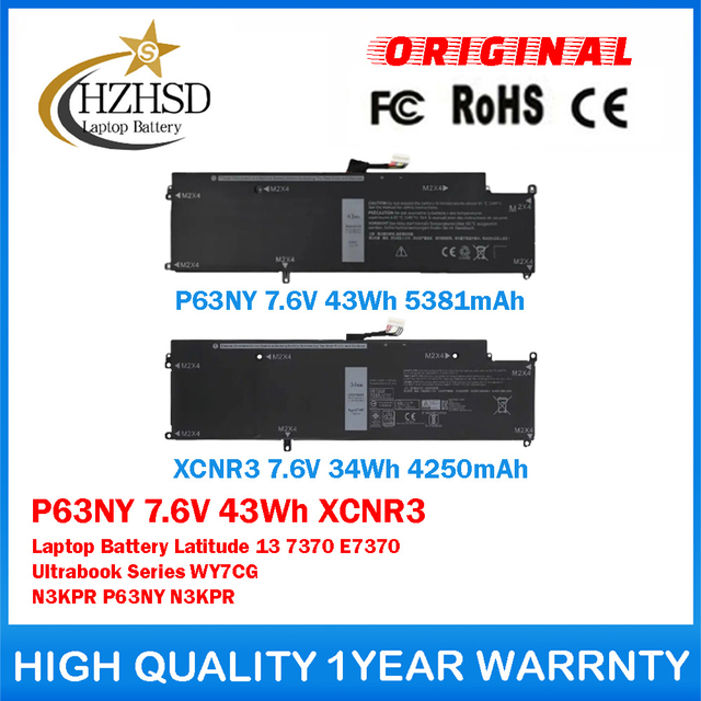 P63NY 7.6V 43Wh XCNR3 7.6V 34Wh Genuine Original Laptop Battery For Dell Latitude 13 7370 E7370 Ultrabook Series WY7CG N3KPR P63NY N3KPR