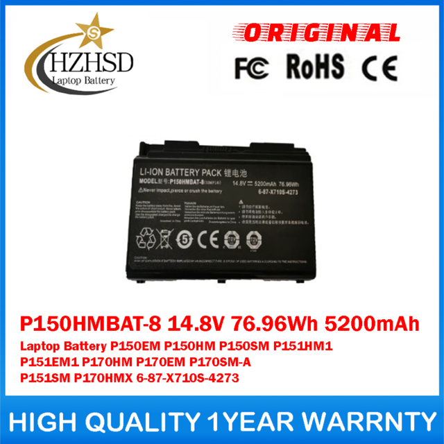 P150HMBAT-8 14.8V 76.96Wh 5200mAh Genuine Original Laptop Battery For Clevo P150EM P150HM P150SM P151HM1 P151EM1 P170HM P170EM P170SM-A P151SM P170HMX 6-87-X710S-4273