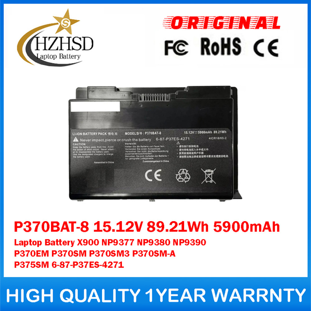 P370BAT-8 15.12V 89.21Wh 5900mAh Genuine Original Laptop Battery For Clevo Sager X900 NP9377 NP9380 NP9390 P370EM P370SM P370SM3 P370SM-A P375SM 6-87-P37ES-4271