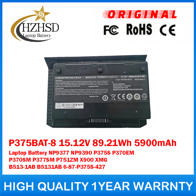 P375BAT-8 15.12V 89.21Wh 5900mAh Genuine Original Laptop Battery For Clevo Sager NP9377 NP9390 P375S P370EM P370SM P377SM P751ZM X900 XMG B513-1AB B5131AB 6-87-P375S-427