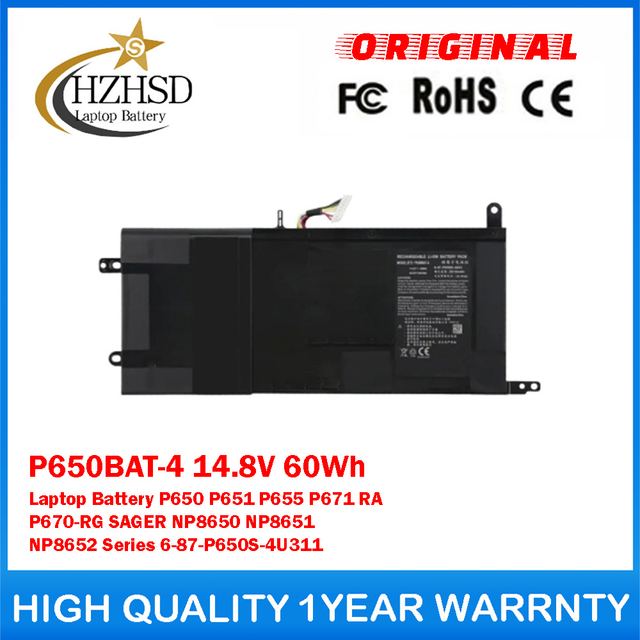 P650BAT-4 14.8V 60Wh Genuine Original Laptop Battery For Clevo P650 P651 P655 P671 RA P670-RG SAGER NP8650 NP8651 NP8652 Series 6-87-P650S-4U311