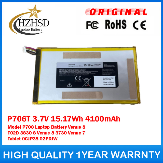P706T 3.7V 15.17Wh 4100mAh Model P708 Genuine Original Laptop Battery For Dell Venue 8 T02D 3830 8 Venue 8 3730 Venue 7 Tablet 0CJP38 02PDJW