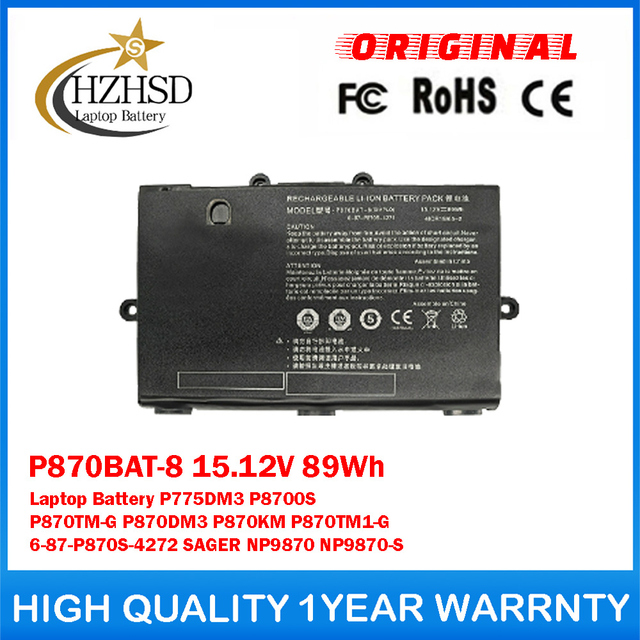 P870BAT-8 15.12V 89Wh Genuine Original Laptop Battery For Clevo P775DM3 P8700S P870TM-G P870DM3 P870KM P870TM1-G 6-87-P870S-4272 SAGER NP9870 NP9870-S