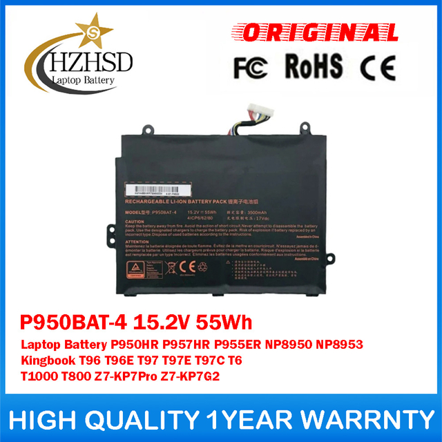 P950BAT-4 15.2V 55Wh Genuine Original Laptop Battery For Clevo P950HR P957HR P955ER NP8950 NP8953 Kingbook T96 T96E T97 T97E T97C T6 T1000 T800 Z7-KP7Pro Z7-KP7G2