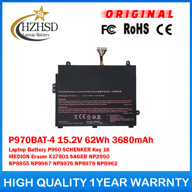 P970BAT-4 15.2V 62Wh 3680mAh Genuine Original Laptop Battery For CLEVO P960 SCHENKER Key 16 MEDION Erazer X17801 SAGER NP2950 NP8955 NP8967 NP8976 NP8978 NP8962