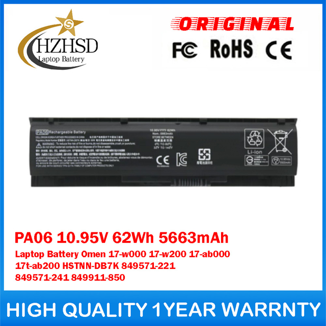 PA06 10.95V 62Wh 5663mAh Genuine Original Laptop Battery For HP Omen 17-W000 17-W200 17-AB000 17T-AB200 HSTNN-DB7K 849571-221 849571-241 849911-850