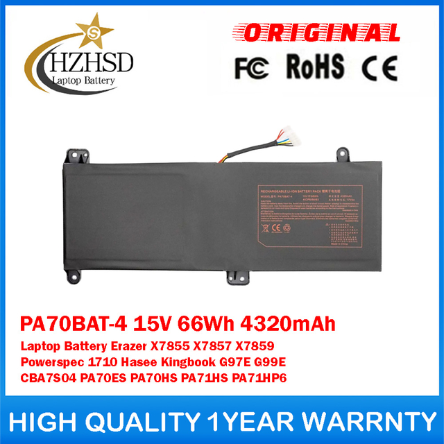 PA70BAT-4 15V 66Wh 4320mAh Genuine Original Laptop Battery For Clevo Erazer X7855 X7857 X7859 Powerspec 1710 Hasee Kingbook G97E G99E CBA7S04 PA70ES PA70HS PA71HS PA71HP6