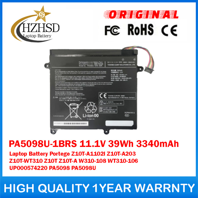 PA5098U-1BRS 11.1V 39Wh 3340mAh Genuine Original Laptop Battery For Toshiba Portege Z10T-A1102l Z10T-A203 Z10T-WT310 Z10T Z10T-A W310-108 WT310-106 UP000574220 PA5098 PA5098U