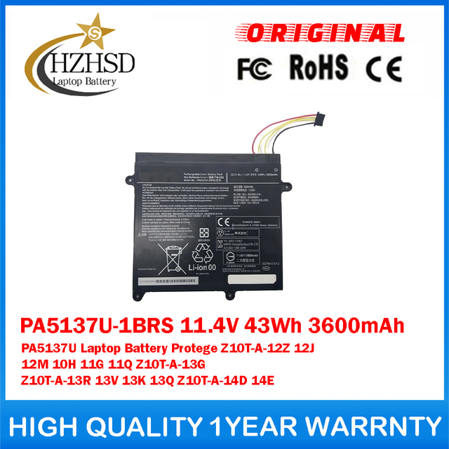 PA5137U-1BRS 11.4V 43Wh 3600mAh PA5137U Genuine Original Laptop Battery For Toshiba Protege Z10T-A-12Z 12J 12M 10H 11G 11Q Z10T-A-13G Z10T-A-13R 13V 13K 13Q Z10T-A-14D 14E