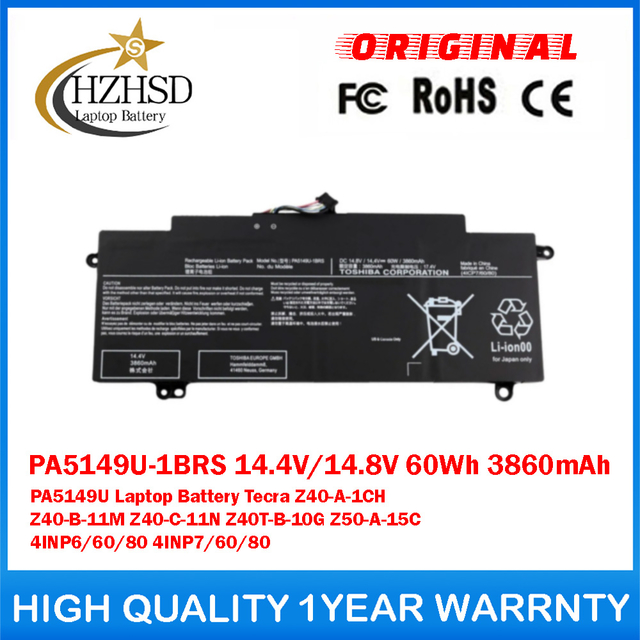 PA5149U-1BRS 14.4V/14.8V 60Wh 3860mAh PA5149U Genuine Original Laptop Battery For Toshiba Tecra Z40-A-1CH Z40-B-11M Z40-C-11N Z40T-B-10G Z50-A-15C 4INP6/60/80 4INP7/60/80